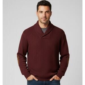 Alan Flusser Shawl Collar Polo Knit Sweater Red Elbow Patch XXL Academia Preppy